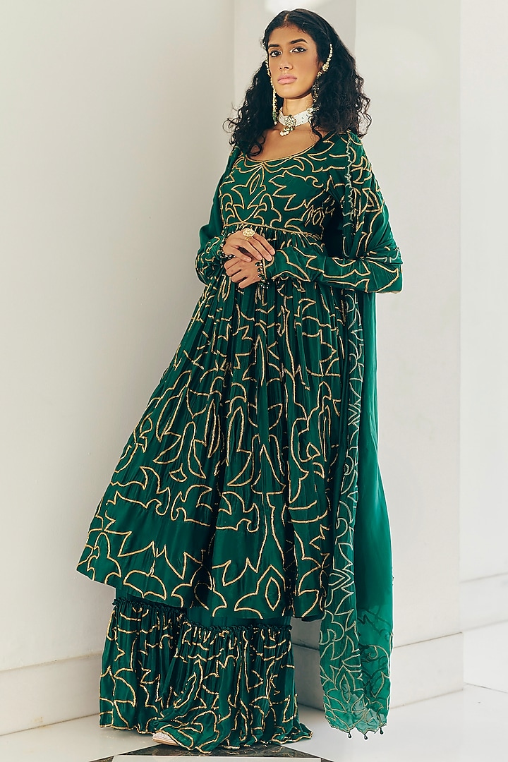 Emerald Green Modal Silk Gold Embroidered A-Line Anarkali Set by Monika Nidhii at Pernia's Pop Up Shop