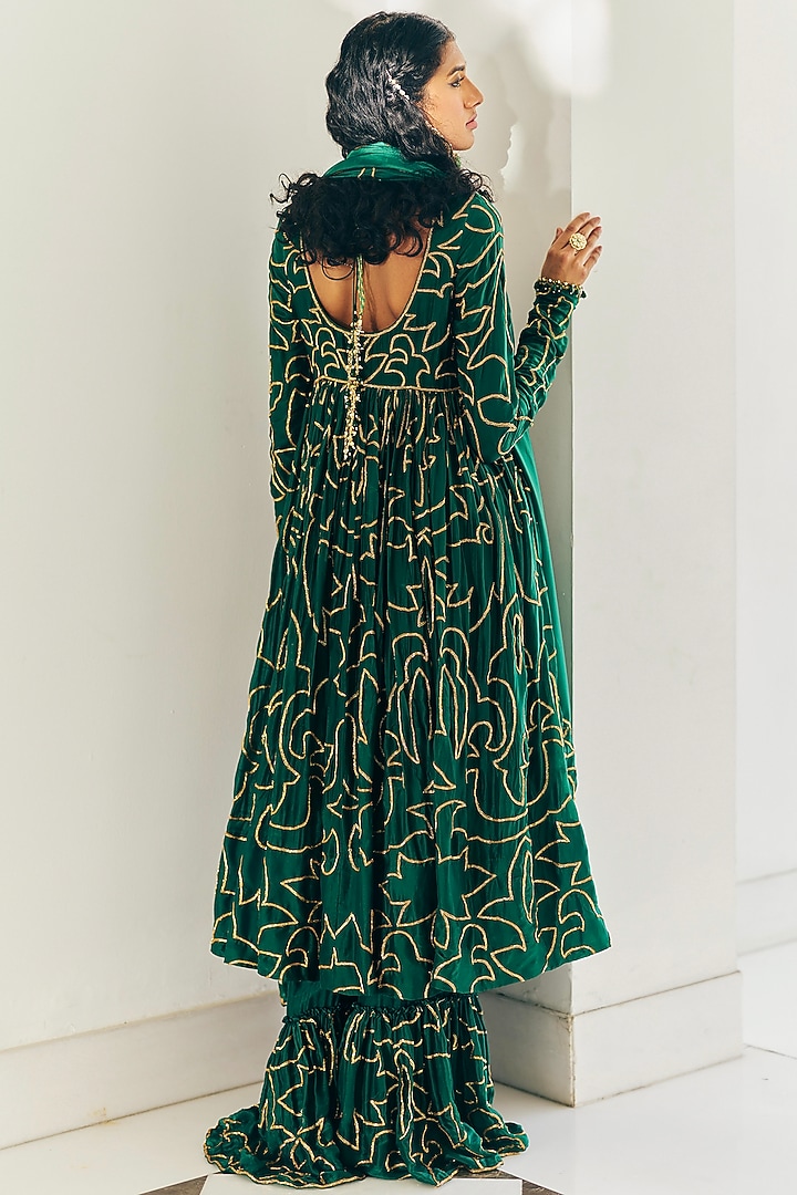 Emerald Green Modal Silk Gold Embroidered A-Line Bridal Anarkali Set by Monika Nidhee at Pernia's Pop Up Shop