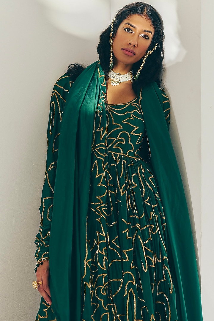 Emerald Green Modal Silk Gold Embroidered A-Line Bridal Anarkali Set by Monika Nidhee at Pernia's Pop Up Shop