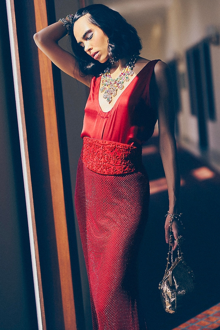 Ruby Red Modal Silk Crystal Embroidered Skirt Set by Monika Nidhee at Pernia's Pop Up Shop