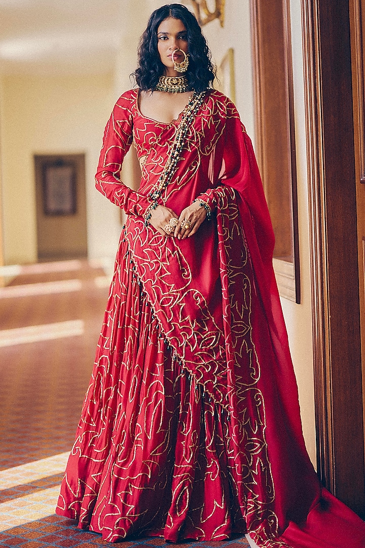 Ruby Red Modal Silk Gold & Zardosi Embroidered Wedding Lehenga Set by Monika Nidhii at Pernia's Pop Up Shop