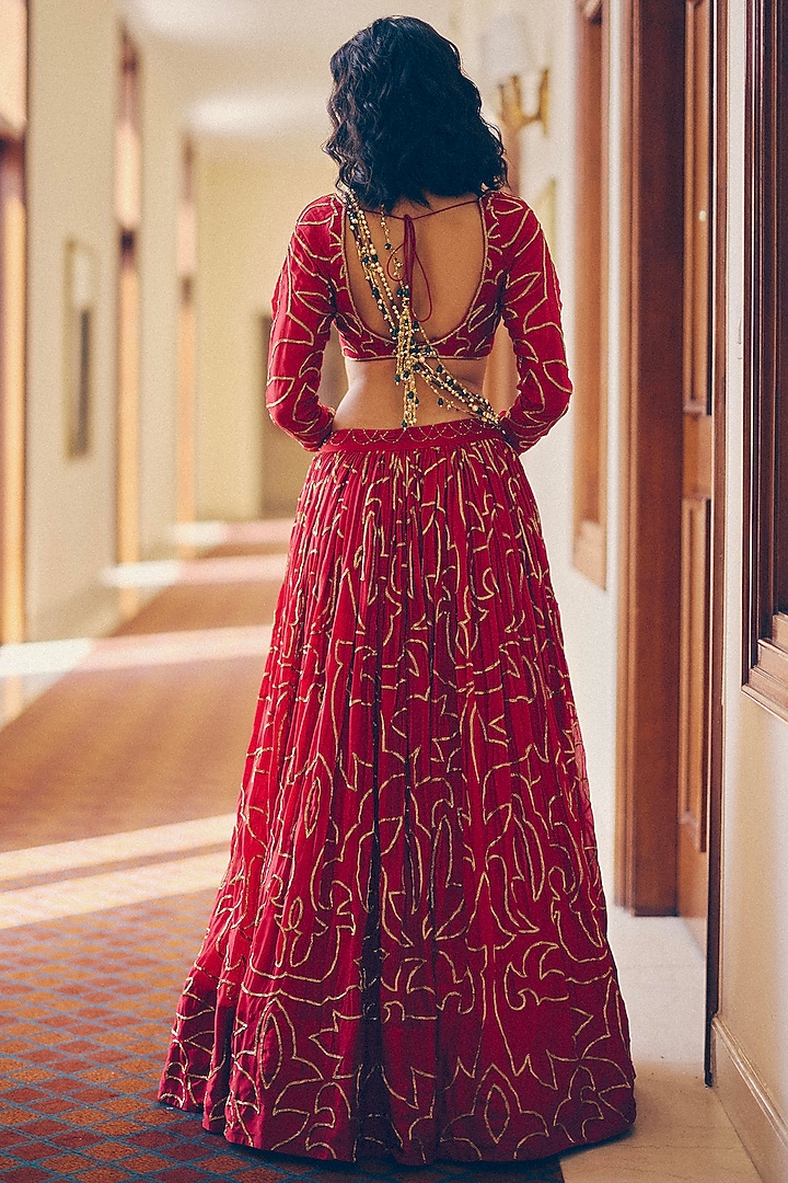 Ruby Red Modal Silk Gold & Zardosi Embroidered Bridal Lehenga Set by Monika Nidhee at Pernia's Pop Up Shop