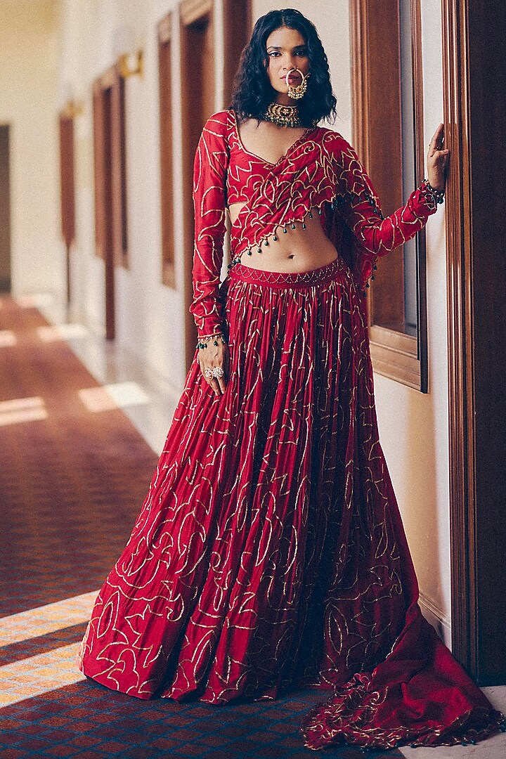 Ruby Red Modal Silk Gold & Zardosi Embroidered Bridal Lehenga Set by Monika Nidhee at Pernia's Pop Up Shop