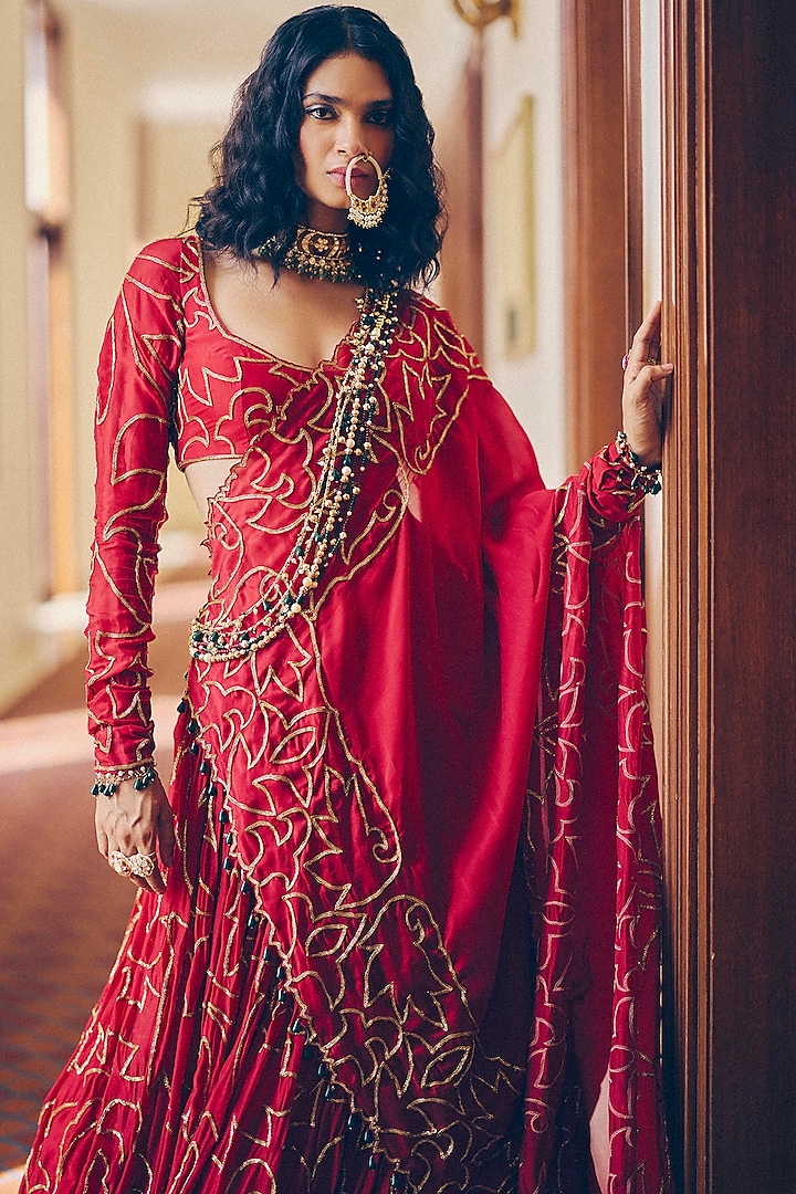 Ruby Red Modal Silk Gold & Zardosi Embroidered Bridal Lehenga Set by Monika Nidhee at Pernia's Pop Up Shop