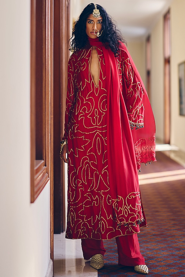 Ruby Red Modal Silk Zardosi & Jaal Embroidered Kurta Set by Monika Nidhii at Pernia's Pop Up Shop