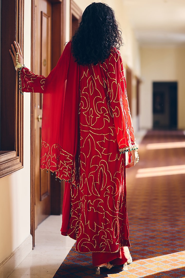 Ruby Red Modal Silk Zardosi & Jaal Embroidered Kurta Set by Monika Nidhee at Pernia's Pop Up Shop