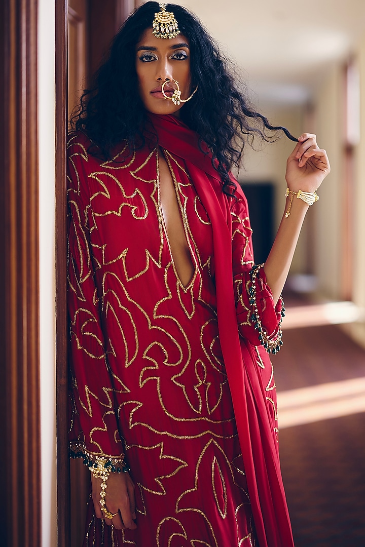 Ruby Red Modal Silk Zardosi & Jaal Embroidered Kurta Set by Monika Nidhee at Pernia's Pop Up Shop
