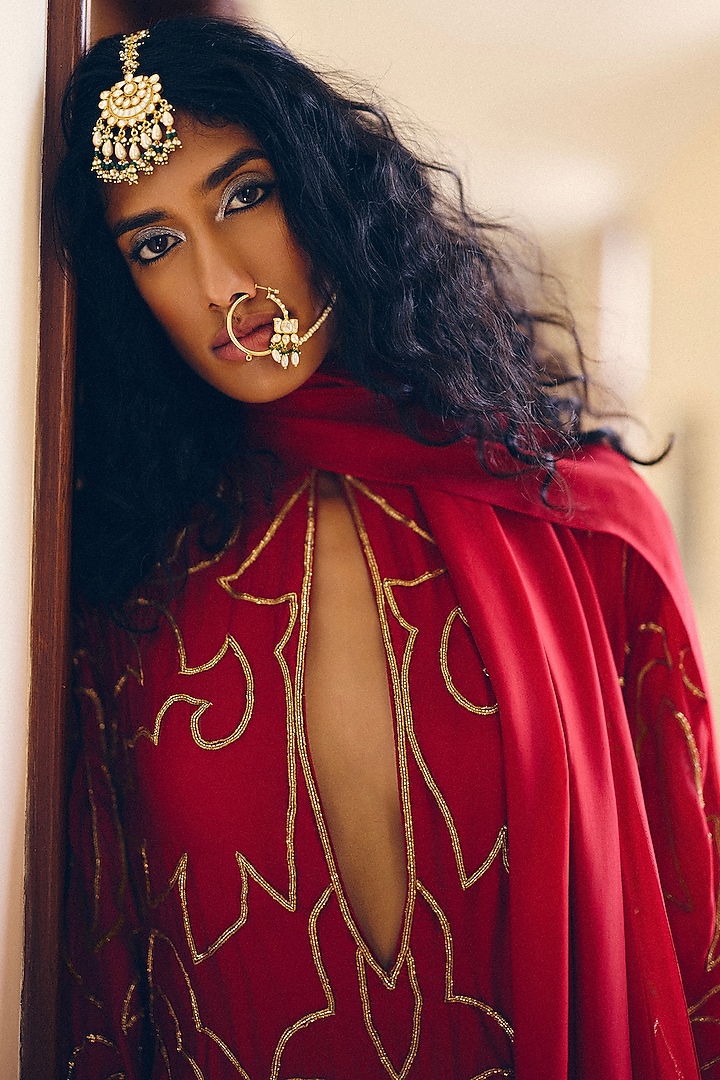 Ruby Red Modal Silk Zardosi & Jaal Embroidered Kurta Set by Monika Nidhee at Pernia's Pop Up Shop