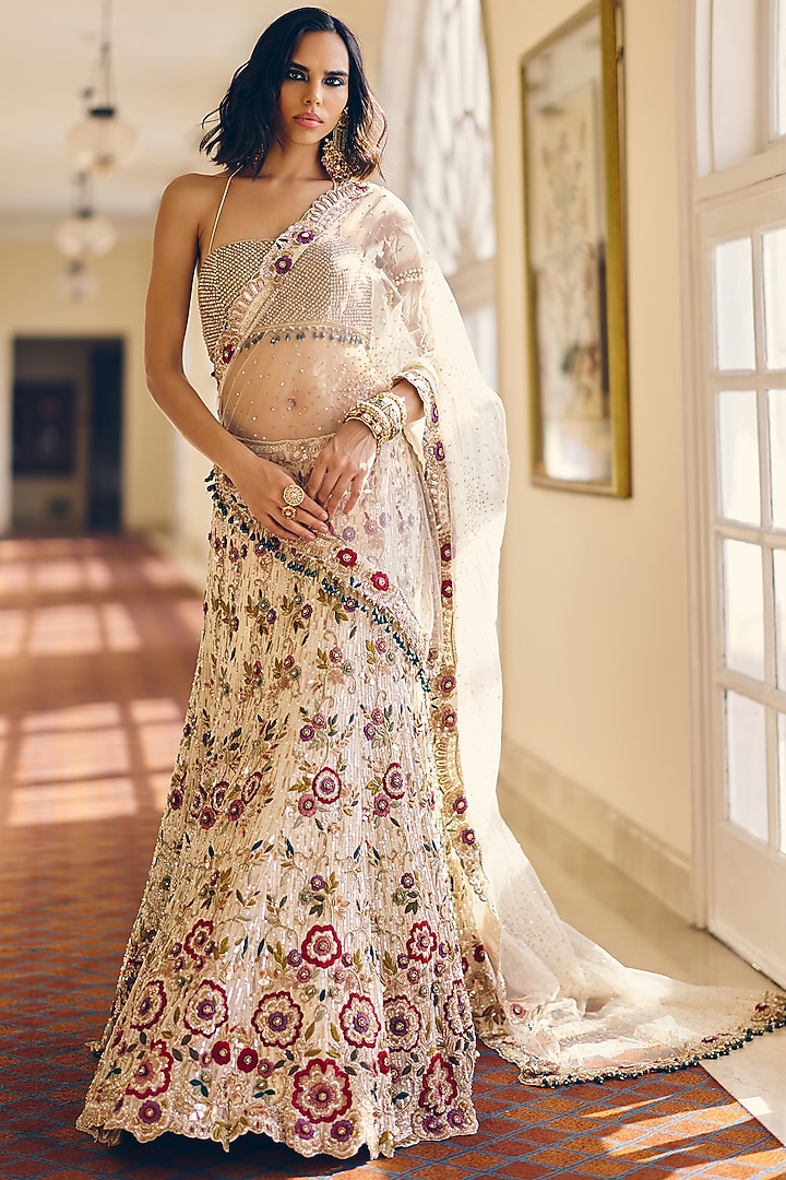 Ivory Modal Silk Thread Work Bridal Lehenga Set by Monika Nidhee at Pernia's Pop Up Shop