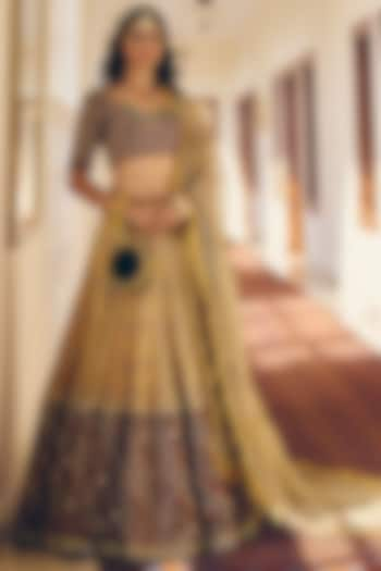 Amber Gold Modal Silk Zardosi Embroidered Bridal Lehenga Set by Monika Nidhii at Pernia's Pop Up Shop