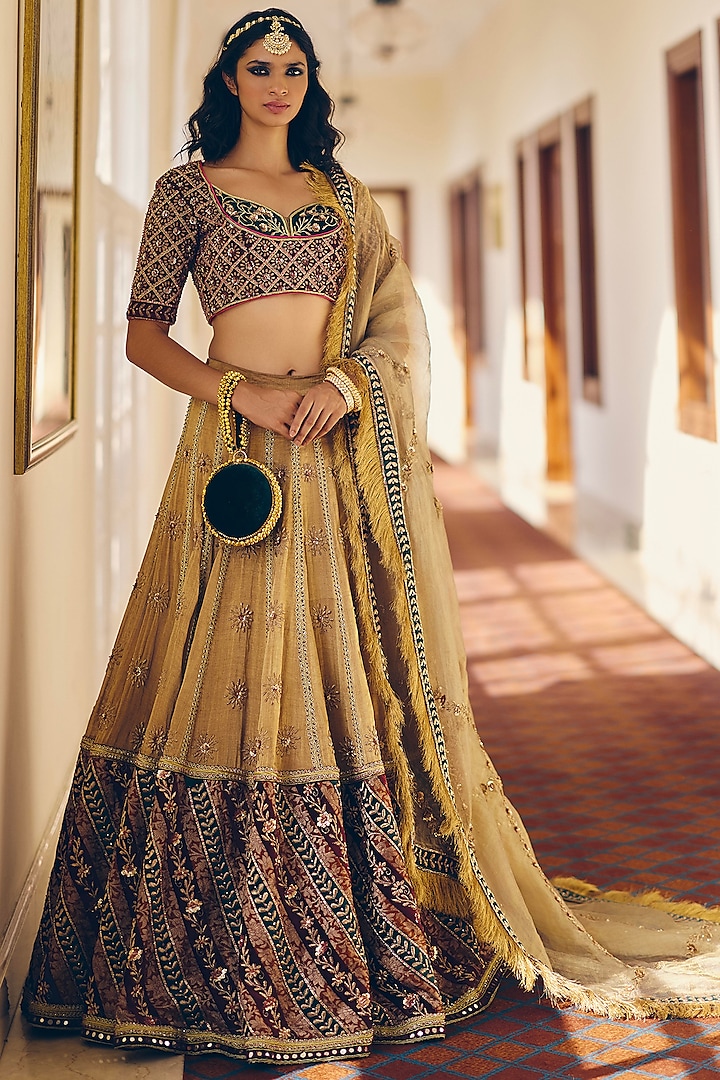 Amber Gold Modal Silk Zardosi Embroidered Bridal Lehenga Set by Monika Nidhii at Pernia's Pop Up Shop