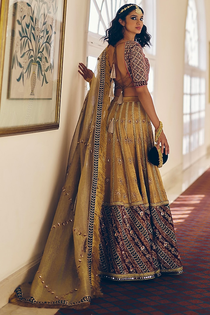 Amber Gold Modal Silk Zardosi Embroidered Bridal Lehenga Set by Monika Nidhee at Pernia's Pop Up Shop