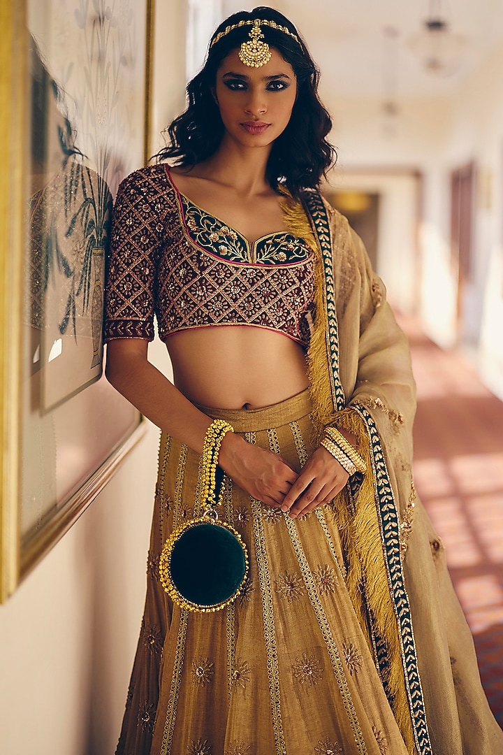 Amber Gold Modal Silk Zardosi Embroidered Bridal Lehenga Set by Monika Nidhee at Pernia's Pop Up Shop