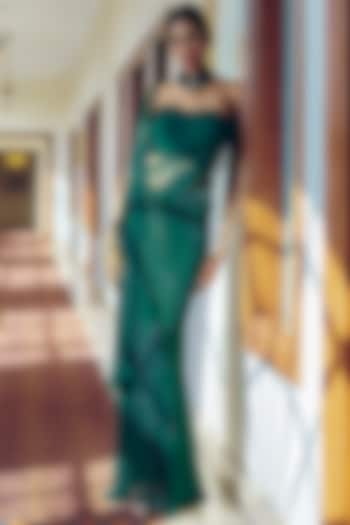 Emerald Green Metallic Crystal Embellished Draped Saree Set by Monika Nidhii at Pernia's Pop Up Shop