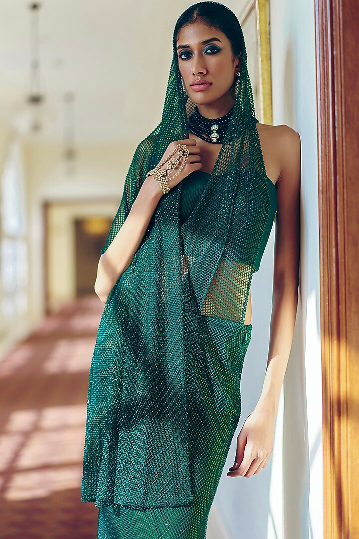 Emerald Green Metallic Crystal Embellished Draped Reception Saree Set by Monika Nidhee at Pernia's Pop Up Shop