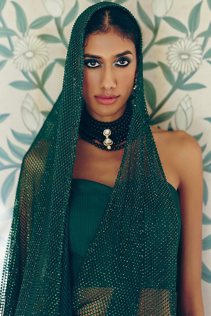 Emerald Green Metallic Crystal Embellished Draped Reception Saree Set by Monika Nidhee at Pernia's Pop Up Shop