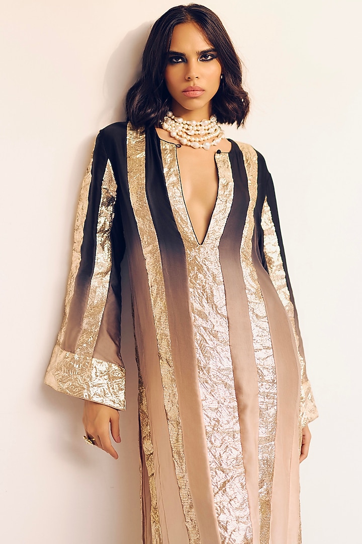 Black & Gold Ombre Modal Silk Gota Embroidered Maxi Party Wear Dress by Monika Nidhee at Pernia's Pop Up Shop