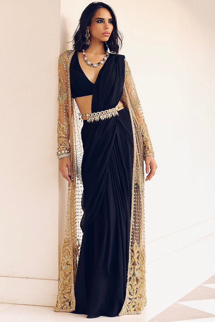 Onyx Black Modal Silk Jacket Draped Saree Set by Monika Nidhee at Pernia's Pop Up Shop