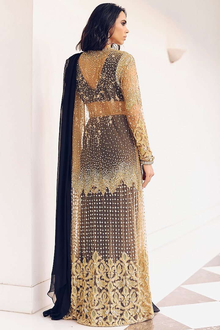 Onyx Black Modal Silk Jacket Draped Reception Saree Set by Monika Nidhee at Pernia's Pop Up Shop
