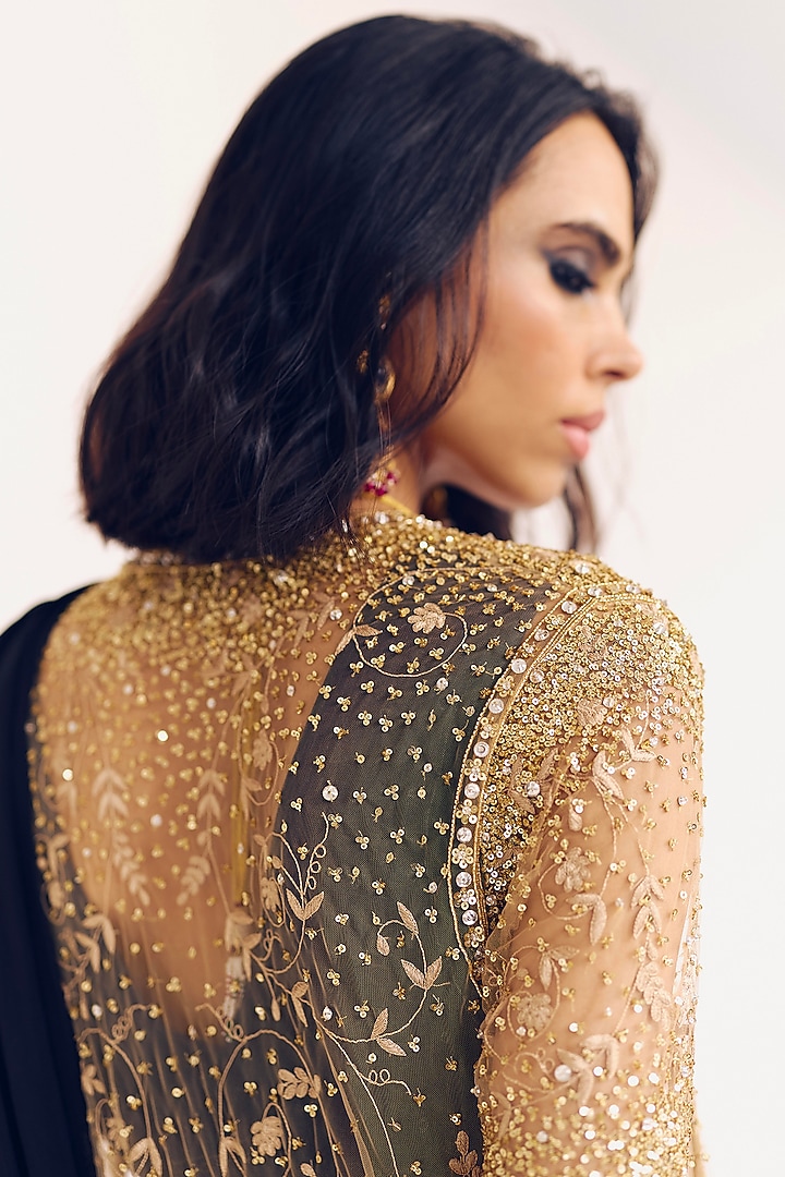 Onyx Black Modal Silk Jacket Draped Reception Saree Set by Monika Nidhee at Pernia's Pop Up Shop