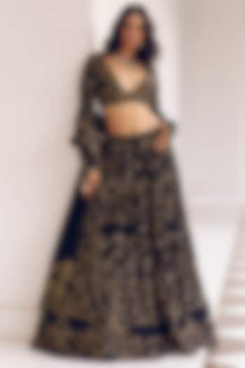 Onyx Black Modal Silk Zardosi & Jaal Embroidered Wedding Lehenga Set by Monika Nidhii at Pernia's Pop Up Shop