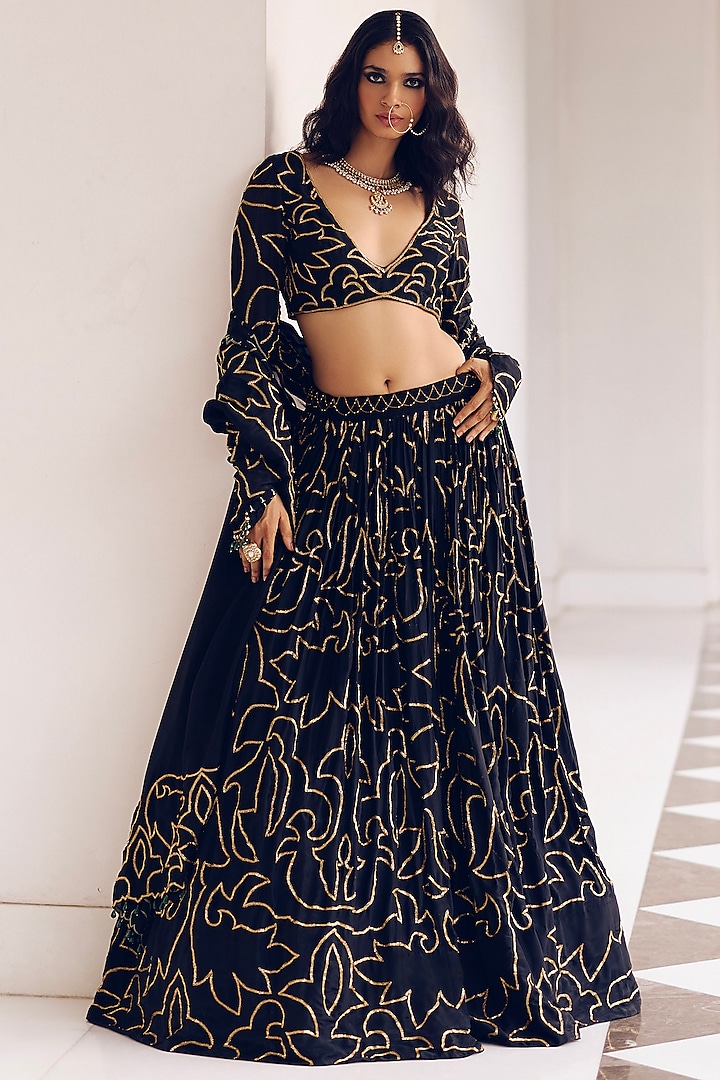 Onyx Black Modal Silk Zardosi & Jaal Embroidered Wedding Lehenga Set by Monika Nidhii at Pernia's Pop Up Shop