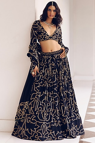 Onyx Black Modal Silk Zardosi & Jaal Embroidered Lehenga Set by Monika Nidhee