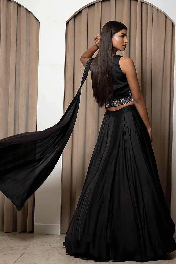 Black Modal Satin Draped Wedding Lehenga Set by Mehak Sharma at Pernia's Pop Up Shop