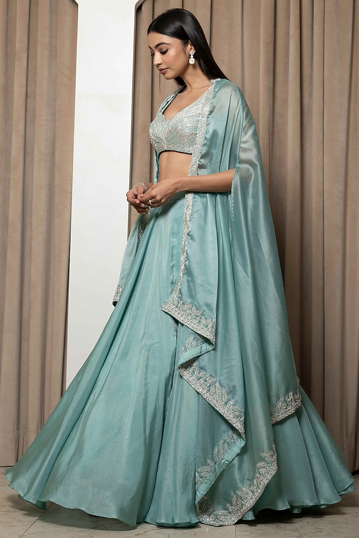 Petit Blue Tissu Silk & Satin Embroidered Jacket Lehenga Set Design by ...