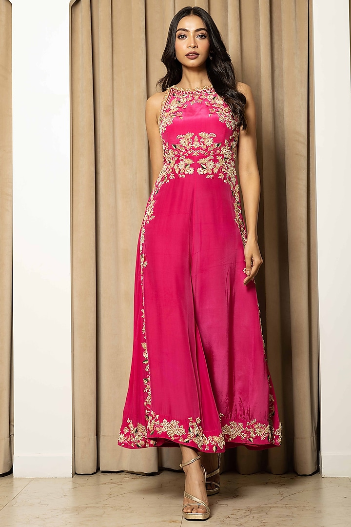 Rose Pink Crepe Hand Embroidered Jumpsuit by Mehak Sharma