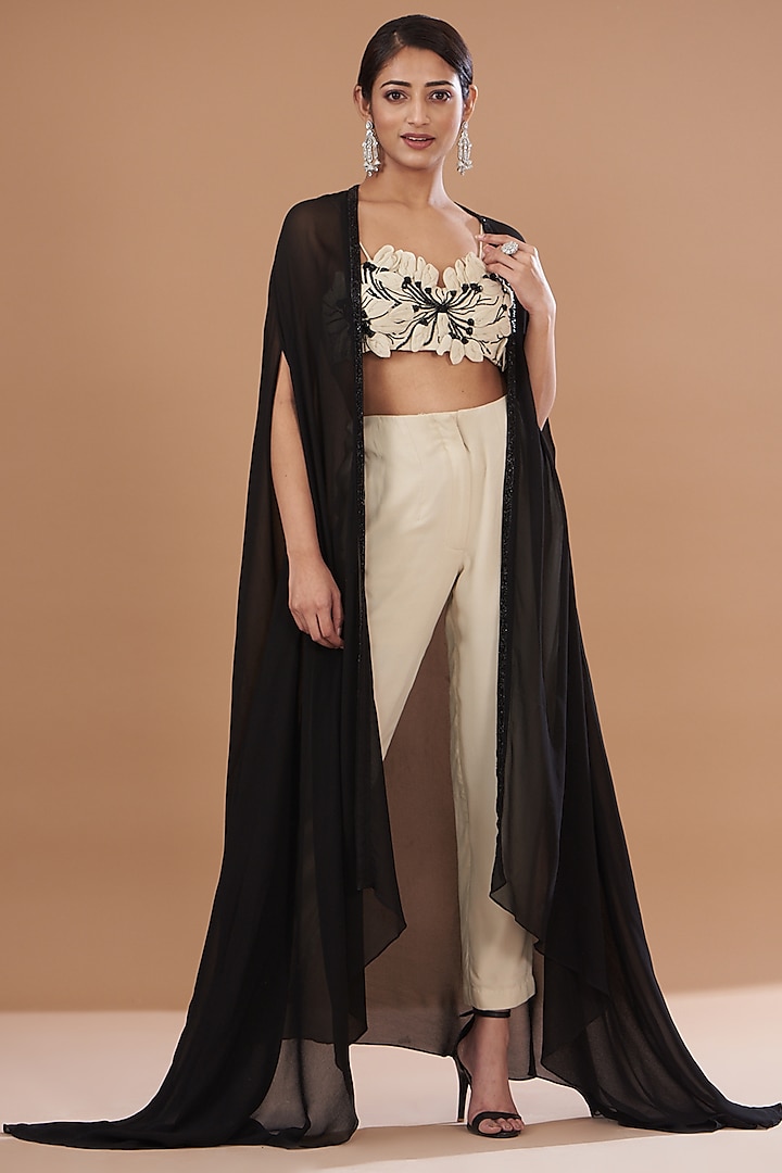 Black Georgette Embroidered Cape Set by Mehak Sharma