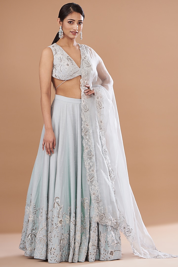 Powder Blue Silk Chanderi Embroidered Wedding Lehenga Set by Mehak Sharma at Pernia's Pop Up Shop