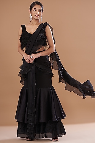 Black Organza Draped Ruffle Saree Set by Mehak Sharma