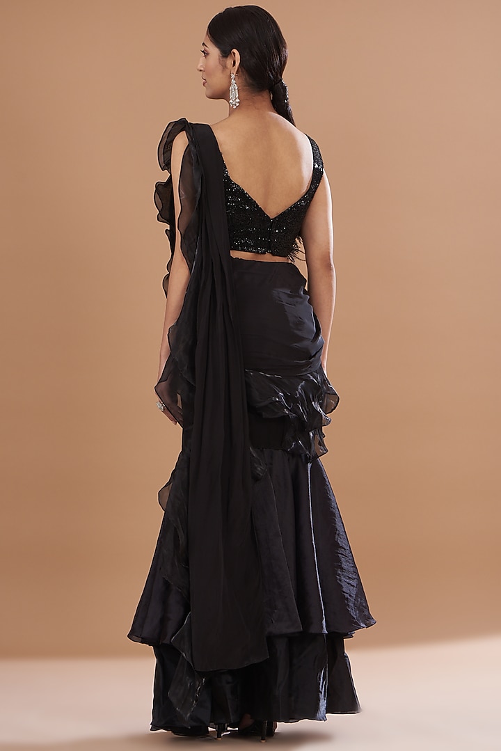 Black Organza Draped Ruffle Wedding Saree Set by Mehak Sharma at Pernia's Pop Up Shop