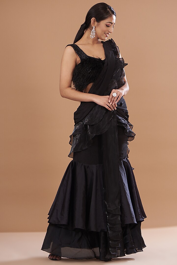 Black Organza Draped Ruffle Wedding Saree Set by Mehak Sharma at Pernia's Pop Up Shop