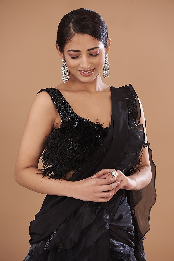 Buy Black Ruffle Saree with Draped Blouse and Handcrafted Pearl Embroidered  Belt by BHUMIKA SHARMA at Ogaan Online Shopping Site