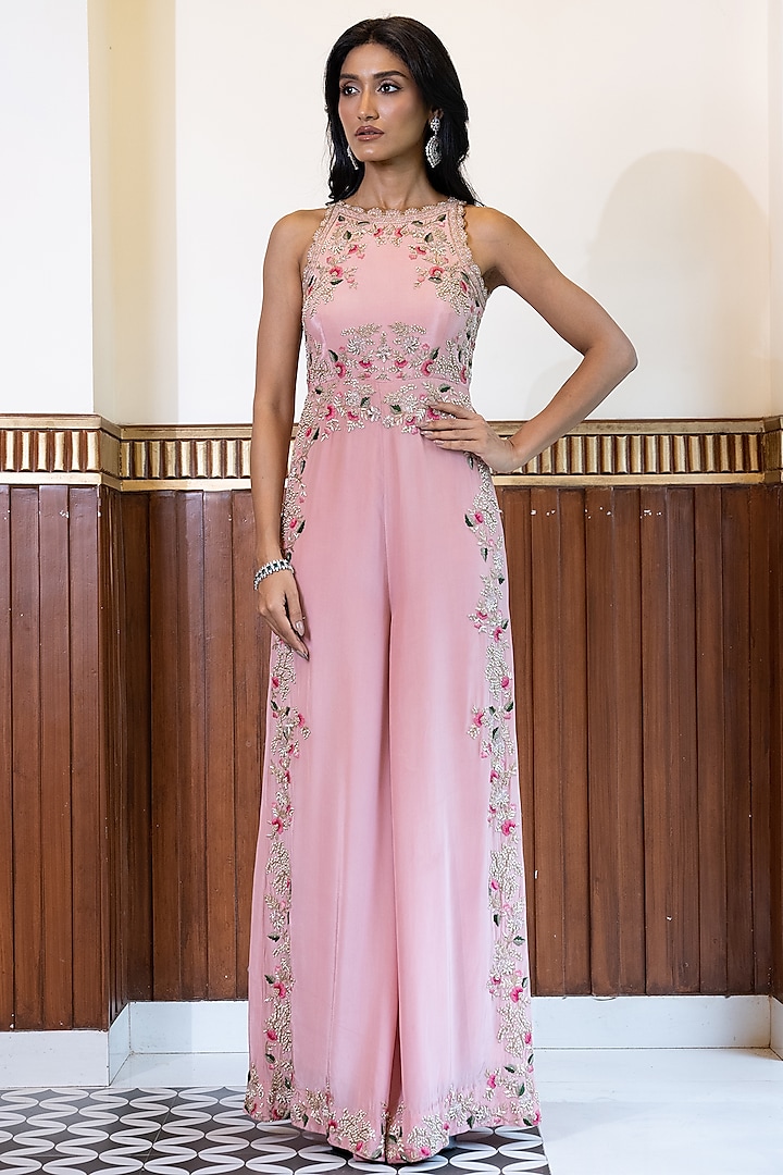 Pink Crepe Silk Floral Resham & Cutdana Embellished Jumpsuit by Mehak Sharma at Pernia's Pop Up Shop