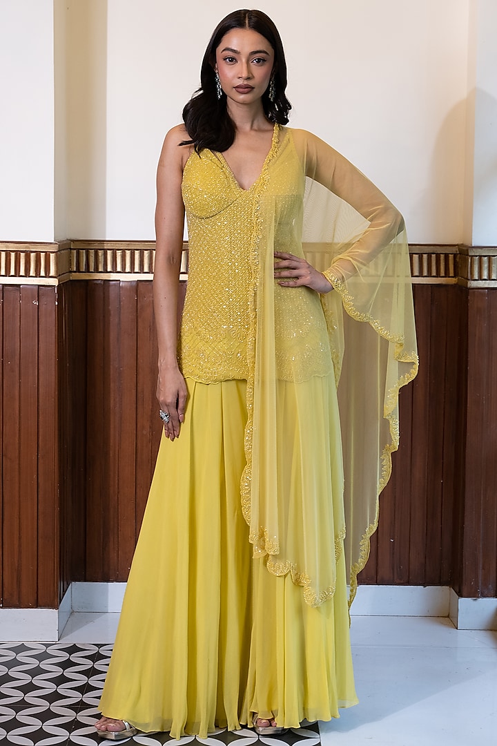 Yellow Georgette Sharara Set by Mehak Sharma