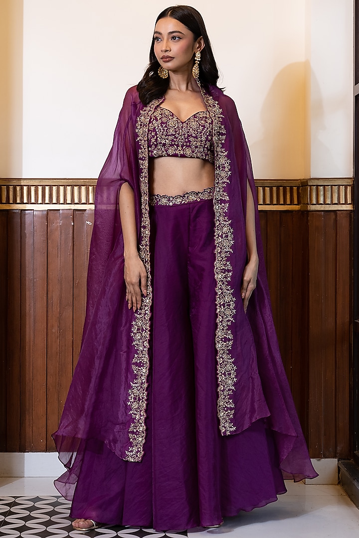 Grape Purple Organza Floral Jaal Hand Embroidered Cape Set by Mehak Sharma