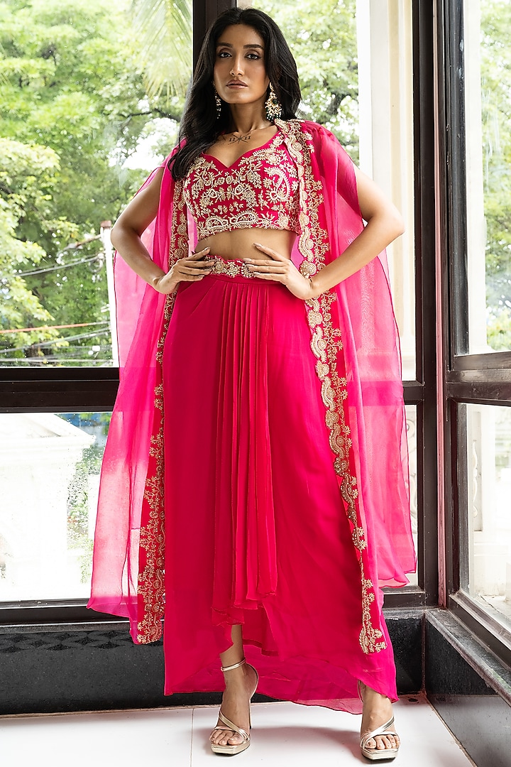 Sorbet Pink Georgette & Organza Floral Jaal Hand Embroidered Cape Set by Mehak Sharma