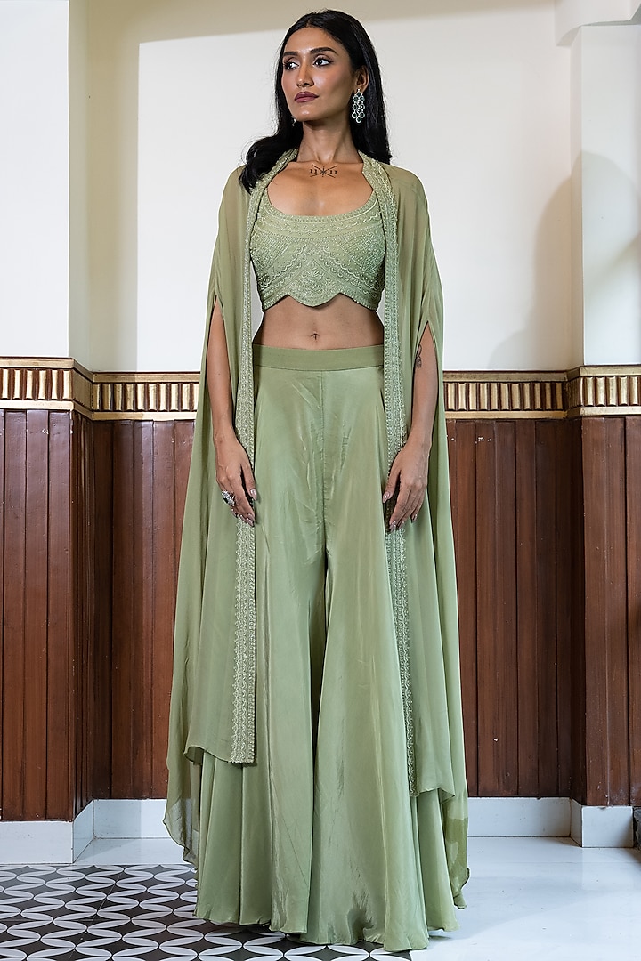 Meadow Green Georgette & Crepe Silk Hand Embroidered Cape Set by Mehak Sharma