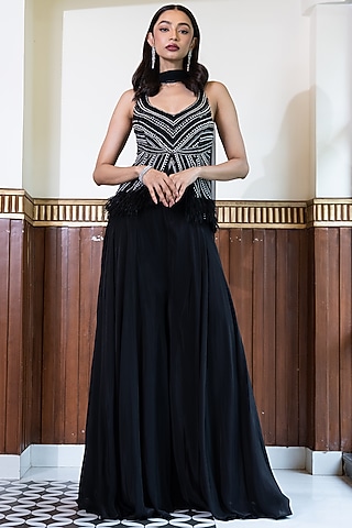 Black Crepe Silk & Net Sharara Set by Mehak Sharma