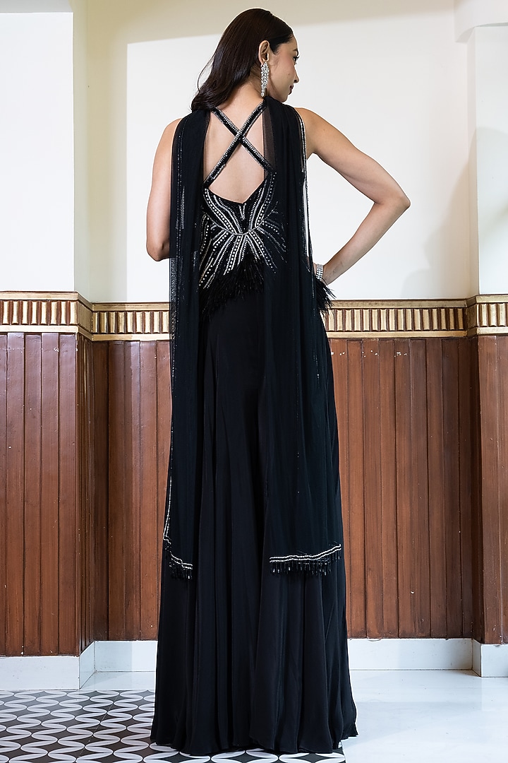 Black Crepe Silk & Net Wedding Sharara Set by Mehak Sharma at Pernia's Pop Up Shop