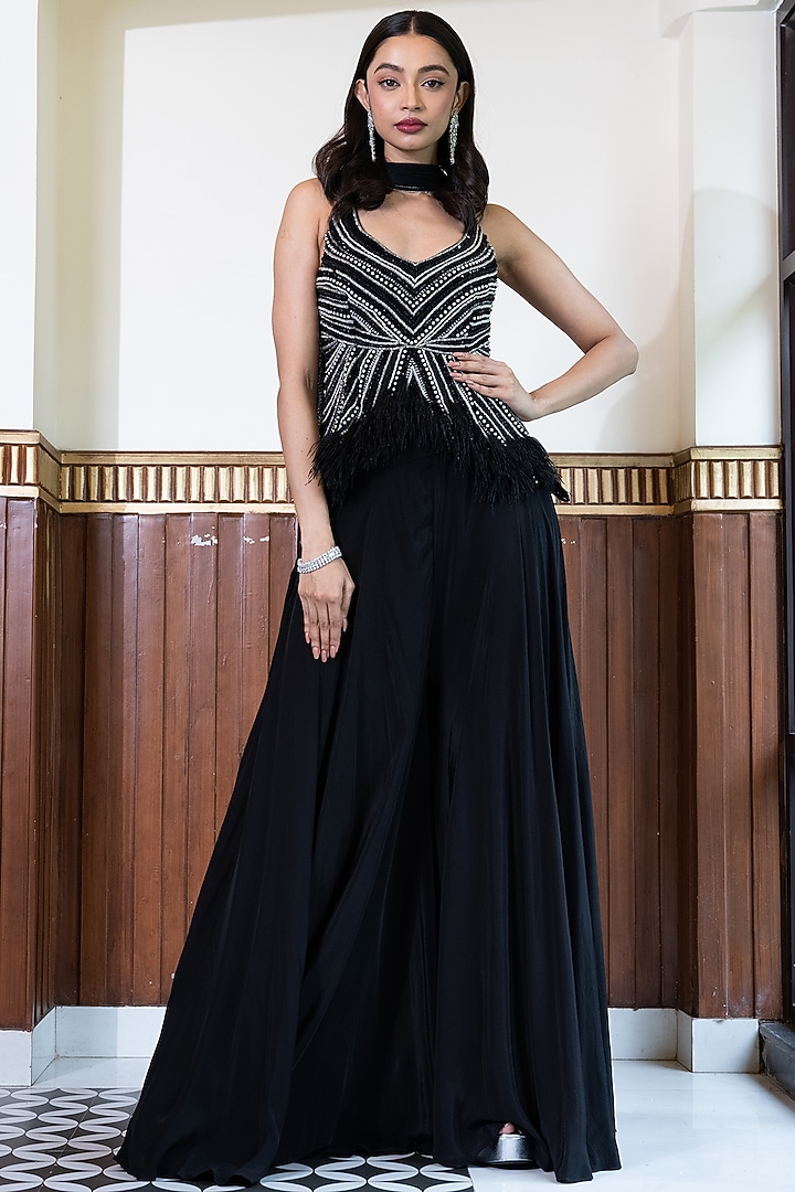Black Crepe Silk & Net Wedding Sharara Set by Mehak Sharma at Pernia's Pop Up Shop
