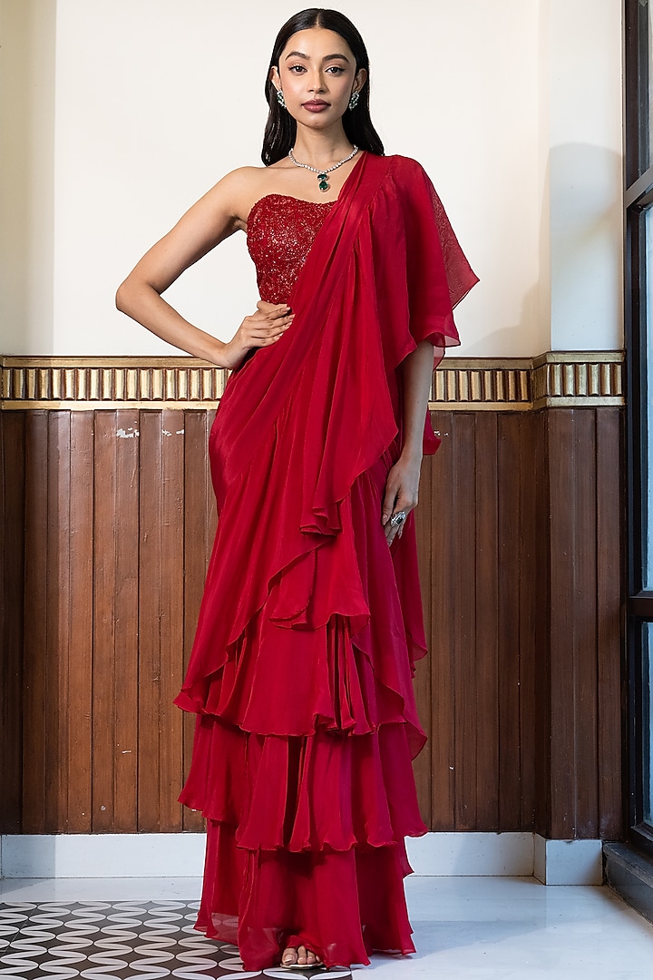 Scarlet Red Net & Crepe Silk Draped Saree Set by Mehak Sharma