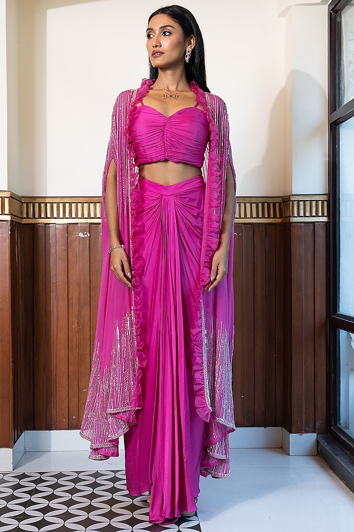 Pink Georgette & Satin Hand Embroidered Cape Set by Mehak Sharma