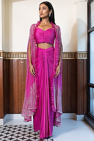 Pink Georgette & Satin Hand Embroidered Cape Set by Mehak Sharma