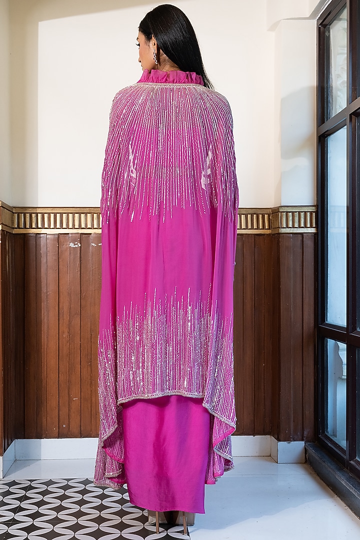 Pink Georgette & Satin Hand Embroidered Cape Set by Mehak Sharma at Pernia's Pop Up Shop