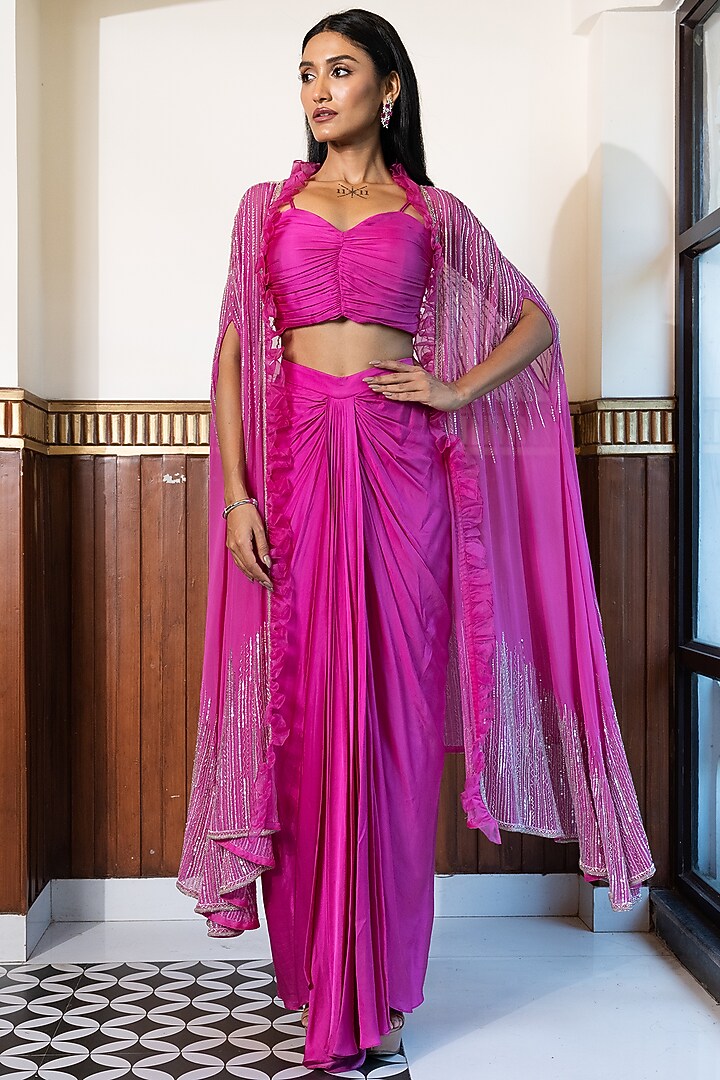 Pink Georgette & Satin Hand Embroidered Cape Set by Mehak Sharma at Pernia's Pop Up Shop