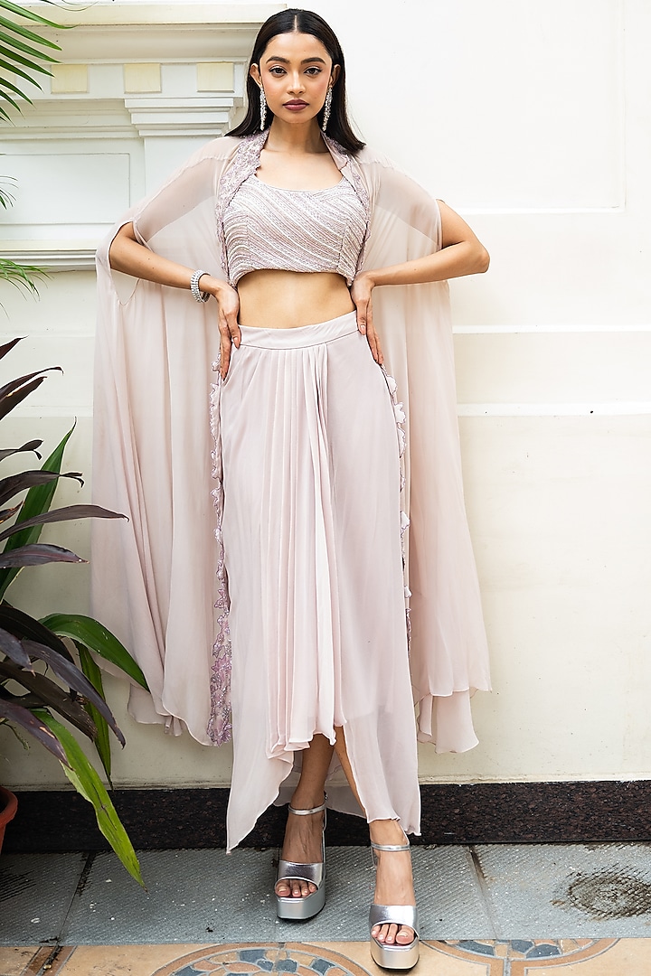Lavender Blush Georgette Hand Embroidered Cape Set by Mehak Sharma